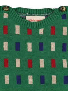 Shoulder button closures . Ribbed collar, cuffs and hem . All over pattern placement may vary Knitwear Outfit, All Over Pattern, Green Girl, Stella Mccartney Kids, Swimwear Cover, Kids Branding, Swim Accessories, Shearling Jacket, Green Sweater