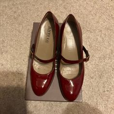 Beautiful Mary Jane Style 8.5 Worn Once. Comes With Box. Mint Condition Apple Shoes, Red Heels Mary Janes, Dark Red Mary Jane Shoes, Elegant Red Low Heel Mary Janes, Red Mary Janes With Buckle Closure, Mary Janes With 4-inch Heel And Medium Width, Mary Jane Pumps, Mint Condition, Mary Janes