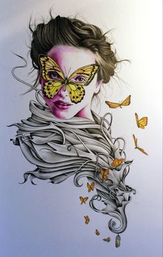 a drawing of a woman with butterflies on her face