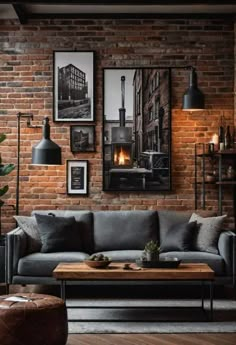 a living room with brick walls and furniture