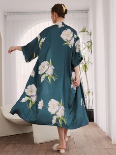 Green Anemone Bridal Party Robe | Luxury Long Robe For Lady | Kimono Style Dress - Ulivary Elegant Floral Embroidered Summer Kimono, Elegant Spring Kimono For Sleep, Elegant Spring Sleepwear With Kimono Sleeves, Elegant Sleepwear With Kimono Sleeves For Spring, Elegant Summer Sleep Kimono, Silk Floral Print Sleepwear For Spring, Silk Sleepwear With Floral Print For Spring, Elegant Green Satin Sleepwear, Spring Floral Print Elegant Kimono