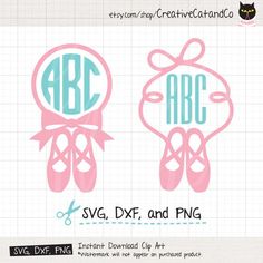 pair of ballet shoes with monogrammed font on the front and back, in blue and pink