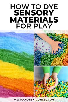 how to dye sensory materials for play with text overlay that reads, how to dye sensory materials for play