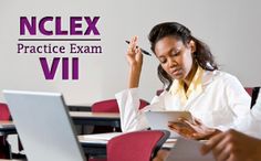 two women sitting at desks in front of laptop computers with the words nclex practice exam xiii