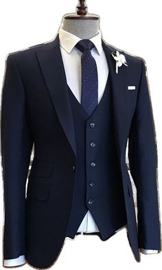 Semi-formal Custom Fit Three-piece Suit With Single Button, Bespoke Blue Three-piece Suit, Custom Fit Single Breasted Three-piece Suit, Groom Three-piece Suit With Single Button, Bespoke Blue Suits For Groom, Three-piece Suit For Groom With Single Button, Groom's Three-piece Suit With Single Button, Three-piece Suit With Single Button For Groom, Slim Fit Three-piece Suit With Notch Lapel For Groom