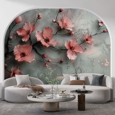 the living room is decorated in modern style with flowers on the wall and round coffee table