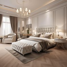 an elegant bedroom with white furniture and chandelier