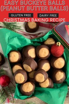 christmas baking recipe for peanut butter balls gluten free and dairy free with text overlay