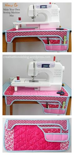 the sewing machine is sitting on top of a pink and blue table with an ironing board attached to it