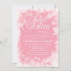 pink and white snowflake sweet sixteen birthday party card