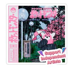 a sticker with an image of a pink bear holding an umbrella in the rain