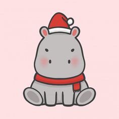 a cartoon hippo wearing a santa hat and scarf sitting in front of a pink background