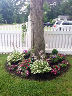 a white picket fence surrounding a tree and flower bed