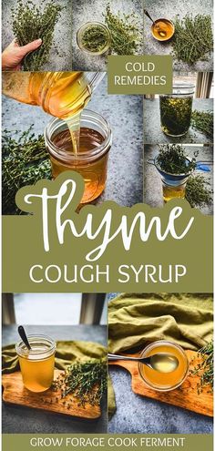 a collage of photos showing how to make cough syrup with herbs and other ingredients