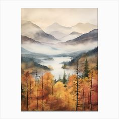 a painting of mountains and trees in autumn