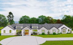 this is an artist's rendering of a house in the country side with lots of grass and trees