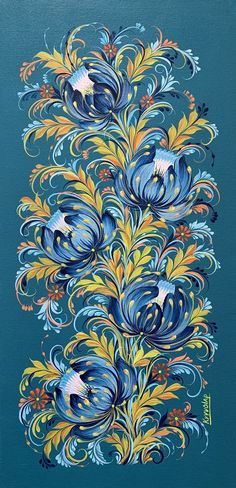 a painting of blue and yellow flowers on a green background with swirls in the middle