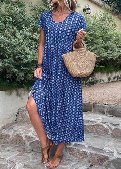 Blue Casual Shift Maxi Dress, Blue Shift Maxi Dress, Blue Shift Midi Dress For Summer, Casual Blue Printed Maxi Dress, Casual Blue Denim Maxi Dress, Blue V-neck Shift Maxi Dress, Blue Shift Midi Dress For Vacation, Blue Shift Maxi Dress With V-neck, Blue Casual Short Sleeve Maxi Dress