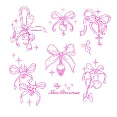 some pink bows and hearts on a white background with the words miss precious written in it