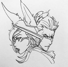 a drawing of two people with swords on their heads