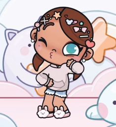 a cartoon girl standing in front of a white teddy bear with stars on her head