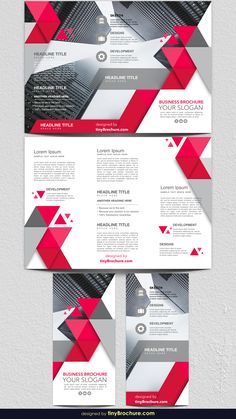 two red and gray business brochure templates with geometric shapes on the back