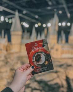 a person holding up a harry potter passport in front of a castle like setting with lights