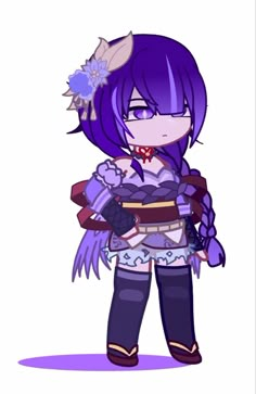 an anime character with purple hair and blue eyes