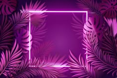 purple neon frame surrounded by tropical leaves on a dark background with an empty space in the middle