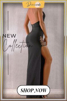 Black Mock Neck Backless Long Bandage Dress Chic Backless Bandage Dress For Club, Backless Bandage Dress For Club, Stretch Backless Bandage Dress For Club, Stretch Bandage Dress For Club, Backless, Elegant Black Bandage Dress For Club, Chic Black Bandage Dress For Club, Black Strapless Backless Dress For Night Out, Black Halter Neck Bandage Dress, Black Bandage Backless Dress