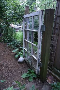 an old window sitting in the middle of a garden next to a fence and trees