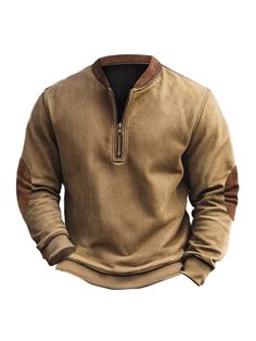 Men Hoodies, Men's Vintage Elbow Patch Color Block Henley Zipper Long Sleeve Sweatshirt Long Sleeve Sweatshirt With Zipper For Outdoor, Casual Brown Half-zip Top, Men Hoodies, Elbow Patch, Elbow Patches, Long Sleeve Sweatshirts, Vintage Men, Sweat Shirt, Color Block