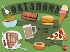 an illustrated map of the state with food and drinks on it, including pizza, ice cream, hotdogs, waffles, corn