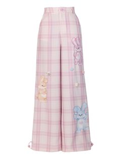 Featuring a delightful bunny print design, intricate knit flower decorations, and a sweet pink plaid pattern, these pants are the perfect combination of cute and chic. The pants are comfortable to wear.   Please note that this product includes only one pair of pants, other items shown are for styling purposes and need to be purchased separately. Garment Size SizeSMLFull Length108109110Waist646872Hips91.595.599.5Cuff606264 Cute Wide Leg Spring Bottoms, Cute Pink Cotton Pants, Cute Pink Pants For Spring, Playful Pink Cotton Pants, Playful Wide Leg Bottoms For Spring, Playful Pink Bottoms For Spring, Playful Wide Leg Spring Bottoms, Playful Wide-leg Bottoms For Spring, Pink Wide Leg Pants For Pajama Party