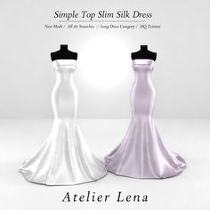 two white dresses on mannequins with the words simple top slim silk dress