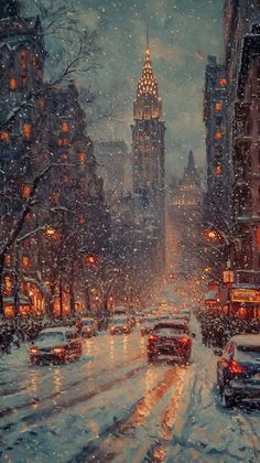 a painting of cars driving down a city street in the snow at night with lights on