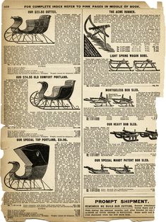 an old newspaper page with different types of sleighs