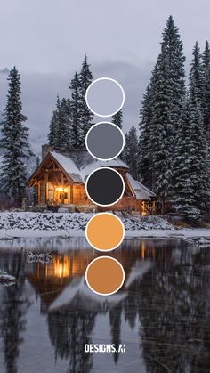 an image of a house in the snow with trees around it and five different colors to choose from