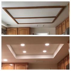 two pictures of the same light fixture in a kitchen, one is dimmed and the other has no lights