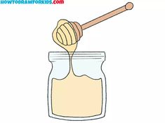 a jar filled with honey and a wooden spoon