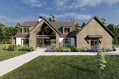 This Scandinavian-inspired modern farmhouse plan gives you 2,524 square feet of heated living space with 4 beds, 2.5 baths and a 2-car side-entry garage (501 square feet). Past the front doors, you step directly into your vaulted great room open to the kitchen and dining area. A fireplaces on the left wall separates the living space from three bedrooms which share a full bath.  At the opposite end of the house, your vaulted primary suite expands into it's own private bath and walk-in-closet Scandinavian Farmhouse Exterior, Transitional House Plans, Porch Supports, Scandinavian Farmhouse, Farmhouse Scandinavian, Vaulted Great Room, Kitchen And Dining Area, Cabin Aesthetic