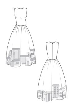 a drawing of a dress with buildings on the front and back, as well as an outline