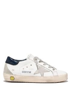 Superstar distressed sneakers from Golden Goose Kids featuring white, navy blue, leather, logo print to the side, signature star patch to the sides, distressed effect, contrasting heel counter, round toe, front lace-up fastening and flat rubber sole. | Golden Goose Kids Superstar distressed sneakers Streetwear Low-top Sneakers With Star Patch, Leather Low-top Sneakers With Star Patch, Low-top Streetwear Sneakers With Star Patch, Low-top Sneakers With Star Patch For Streetwear, White Sneakers With Star Logo For Streetwear, White Sporty Sneakers With Star Patch, Sporty White Sneakers With Star Patch, White Sneakers With Star Patch, White Star Logo Sneakers For Streetwear