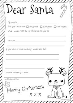 a christmas letter to santa with reindeers on the front and bottom, in black and white