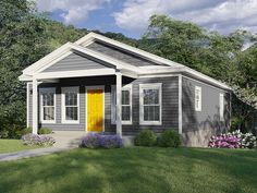 a small gray house with yellow front door