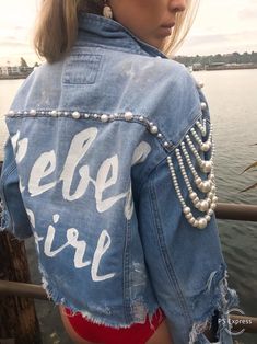 Embellished Denim Vest, Bejeweled Denim Jacket, Customised Denim Jacket Ideas, Decorated Denim Jackets, Customized Denim Jacket, Custom Denim Jacket Paint, Distressed Denim Jacket Diy, Custom Jean Jacket Ideas, Jean Jacket Diy Upcycling