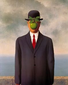 a painting of a man with an apple on his face, wearing a suit and tie