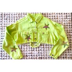 Neon Green Distressed Long Sleeve Cropped Jeans Jacket With Customized Bling Rainbow Starfish Patches Fits Size Small And Medium Perfect Trendy Green Cropped Jacket For Spring, Green Cropped Jacket For Spring, Green Long Sleeve Cropped Jacket For Spring, Green Jean Jacket, Distressed Long Sleeve, Crop Jean Jacket, Green Jeans, Jeans Jacket, Neon Green