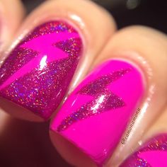 Lighting Bolt Nail Art, Lightning Bolt Nail Art, Bb Nails, Lightning Bolt Nails, Lightning Nails, Sns Nails Designs, Cartoon Nail Designs, Lighting Bolt, Pink Glitter Nails