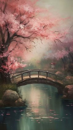 a painting of a bridge over a body of water with pink flowers on the trees